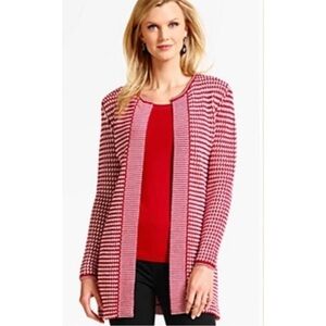 Talbots Womens Sz S Red Merino Wool Checkerboard Long Duster Cardigan Sweater